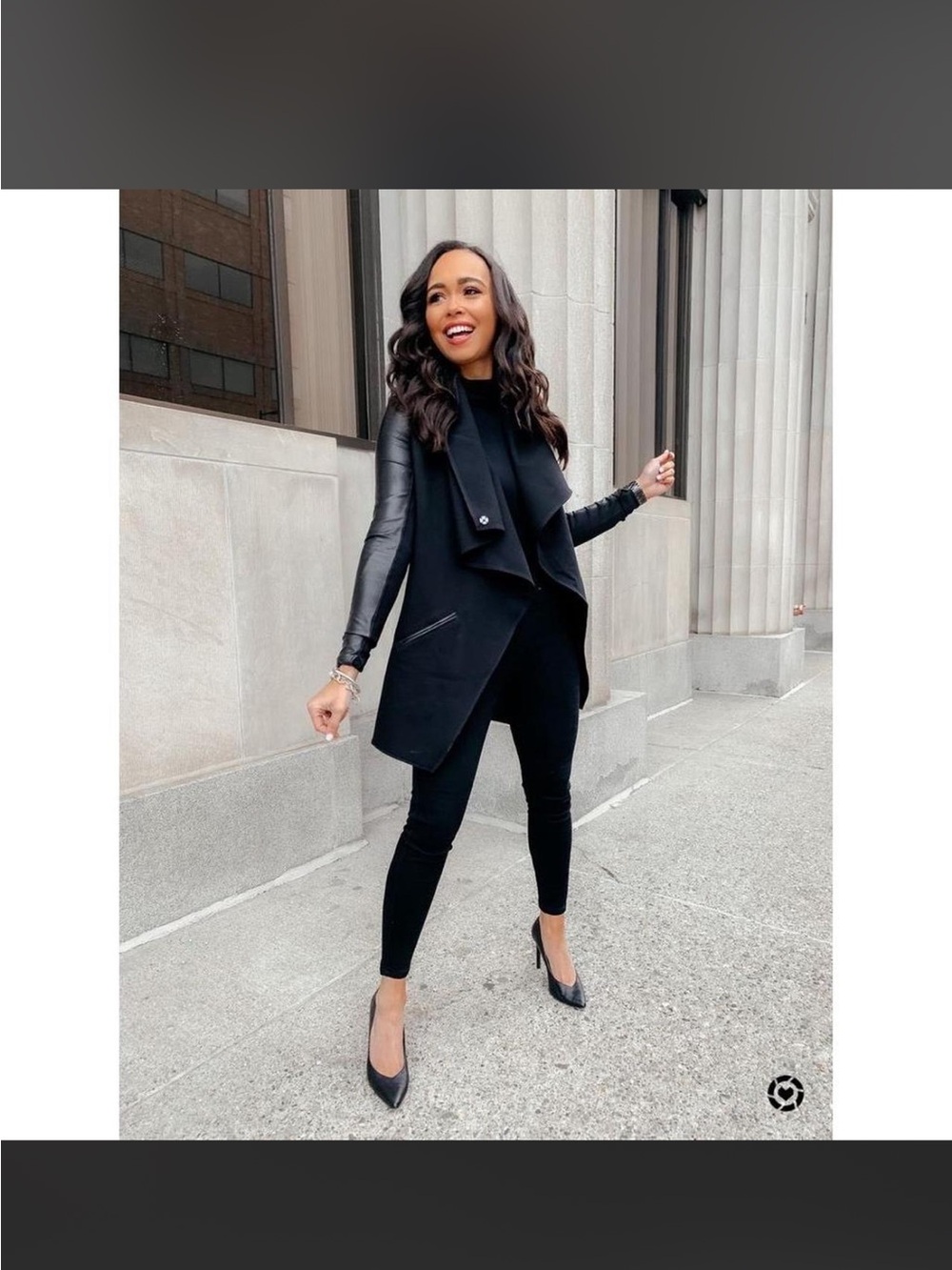 SPANX Black Draped Trench Coat with Faux Leather Sleeves